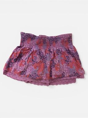 Roxy Y2K Boho Smocked Mini Skirt | Floral Eyelet Hem Festival Style | M